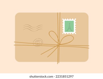 Cute envelope concept. Beige postcard with rope and stamp from Eiffel Tower. Symbol of Paris and France. International business correspondence. Poster or banner. Cartoon flat vector illustration