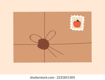 Cute envelope concept. Brown postcard with string and apple stamp. Sticker for social networks and messengers. Letter exchange and communication, interaction. Cartoon flat vector illustration