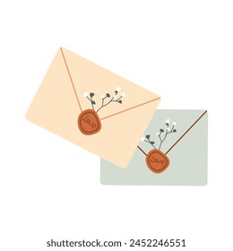 Lindo sobre, invitaciones de flores secas y estampadas. Sobre rosa. Ilustración vectorial con fondo aislado blanco. 