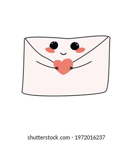 A cute envelope with a face holding a heart in his hands. Element for design, icon, print. Vector illustration isolated.