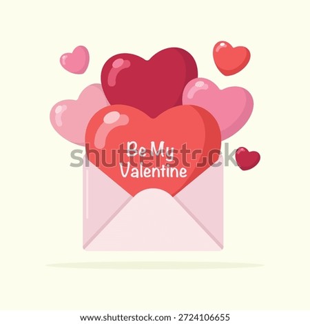 Cute envelope filled with hearts and Be My Valentine sign for Valentine's Day. Design elements for greeting cards, posters and invitation. Love romantic letter, holiday vector illustration.