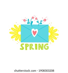 Cute envelope with flowers, heart and lettering. Spring themed hand drawn vector illustration.