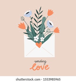 Cute envelope with flowers,  plants inside and sending love lettering. Spring flowers bouquet.  Love letter flat vector illustration. Happy Valentines day romantic background, banner design concept. 