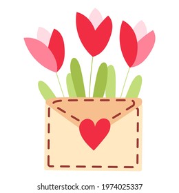 Cute envelope with flowers, plants inside and sending love lettering. Spring flowers bouquet. Love letter flat vector illustration. Happy Valentines day romantic background, banner design concept.
