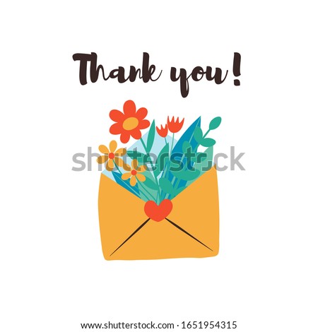 Cute envelope with flowers, plants inside and phrase thank you lettering. Spring flowers bouquet. Love letter flat vector illustration. Happy Valentines day romantic background, banner design concept