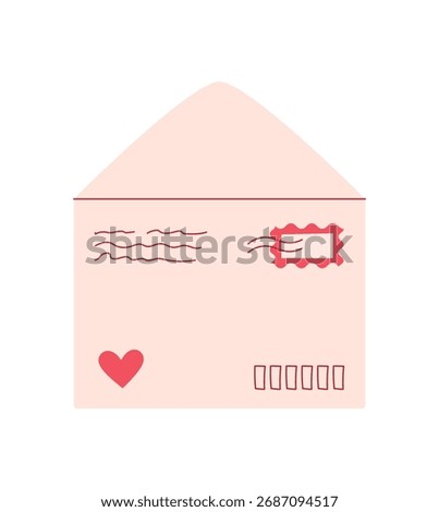 Cute envelope with heart, pink postcard design. Romantic message card for valentine's day. Concept of love, celebration, holiday, flat style, suitable for invitations and greetings.