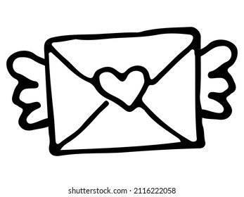 Cute envelope with heart and wings in doodle style isolated on white. Design element. vector