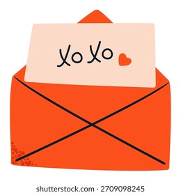Sobre lindo con la carta para el día de San Valentín.  Ilustración vectorial plana.