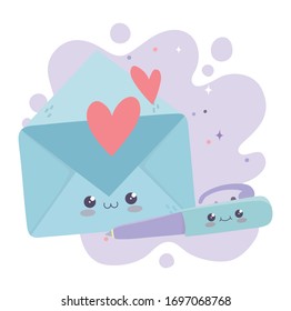 cute envelope mail and pen love kawaii cartoon character vector illustration
