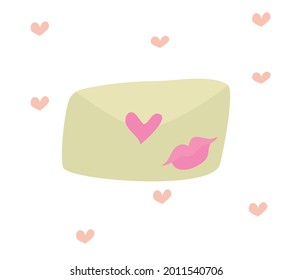 A cute envelope with a romantic love message. A letter from my beloved. An envelope with a kiss. Cute vector illustration for Valentine's Day