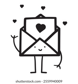 The cute envelope waves and sends hearts. Outline icon. Hand drawn illustration on white background.