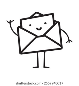 The cute envelope is waving. Isolated outline icon. Hand drawn illustration on white background.