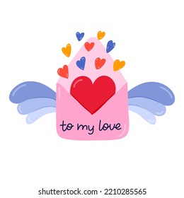 Cute envelope with wings, big heart inside, small hearts coming out of it. Hand drawn vector clipart. Concept of love, romance, holiday, 14 of February. For Valentine's day card, sticker, scrapbook.