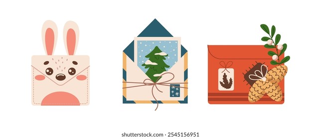 Cute envelopes for congratulations flat color vector objects set. Thematic design creates festive atmosphere illustrations bundle on white