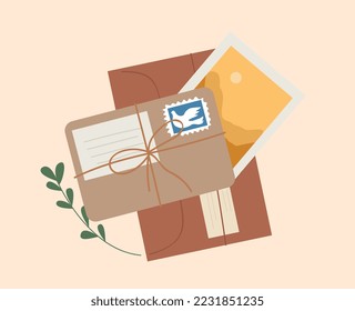Sobres cortos con letras. Estética y elegancia, pegatinas para redes sociales y mensajerías. Sellos postales y comunicación a distancia. Afiche o cartel para el sitio. Dibujo vectorial plano de dibujos animados