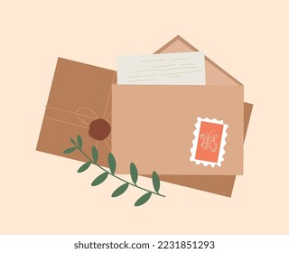 Cute envelopes with letters. Remote communication, letters with leaves. Sticker for social networks and instant messengers. Symbol of mail and postal stamps. Cartoon flat vector illustration