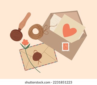Cute envelopes with letters. Rope and key against background of messages with hearts. Present and surprise, remote communication and international interaction. Cartoon flat vector illustration