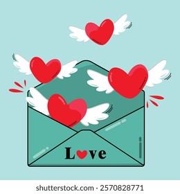 Cute Envelopes And Red Hearts With Pair Of Wings