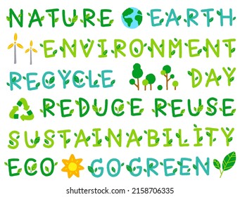 Cute Environmental Go Green Eco Environment Day Leaf Sustainability Recycle Reuse Reduce Word Font Letter Cartoon Hand Drawing Drawn Green Doodle Set Collection isolated vector illustration Icon