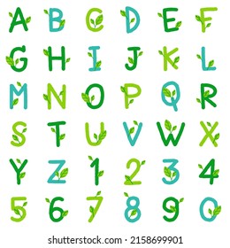 Cute Environmental Green Eco Environment Day Leaf Font Letter Cartoon Style Hand Drawing Drawn Colorful English Alphabet Numeric Number Character Doodle Set Collection isolated vector illustration