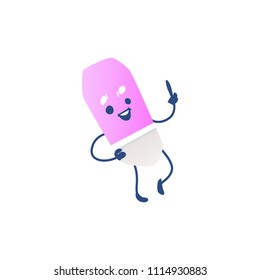 Cute eraser cartoon character lifting index finger up isolated on white background - funny chancery element personage with smiling face for back to school concept in vector illustration.