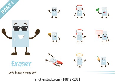 Cute Radiergummi Posen Set. Vektorgrafik-Illustration. Einzeln auf weißem Hintergrund.