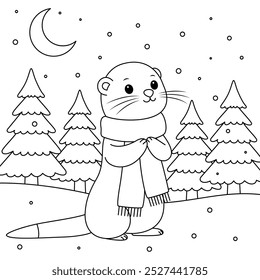 Cute ermine outline coloring page. Christmas and Winter animal illustration 