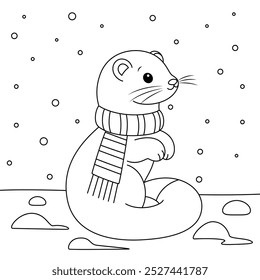 Cute ermine outline coloring page. Christmas and Winter animal illustration 