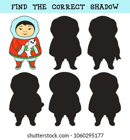 
Cute Eskimo with a baby seal. Find the correct shadow. Educational matching game for children.Vector illustration.
