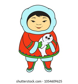 Cute Eskimo with a baby seal.Cartoon illustration.  Vector .