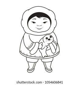 
Cute Eskimo with a baby seal.Coloring book pages for children. Black and white vector illustration. Cartoon style.
