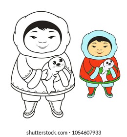 
Cute Eskimo with a baby seal.Coloring book pages for children.Cartoon illustration.  Vector .