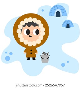 Menino esquimó bonito com um balde de peixe personagem infantil desenho animado no gelo com iglu casa no iceberg.