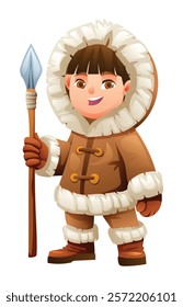 Cute eskimo boy character holding a spear, wearing traditional fur outfit. Vector cartoon illustration