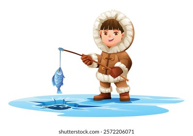 Cute eskimo boy fishing on ice, holding a fish and rod, wearing traditional fur outfit. Vector cartoon illustration