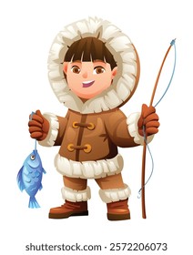 Cute eskimo boy with a fishing rod and fish, wearing traditional fur outfit. Vector cartoon illustration