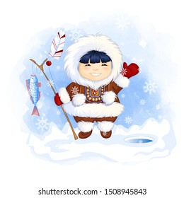 Cute Eskimo boy holds a fishing rod with a caught fish and waves his hand in greeting. Vector cartoon character on a winter watercolor background.