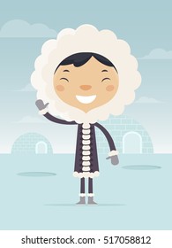 Cute Eskimo Boy Waving. Flat Design Style. 