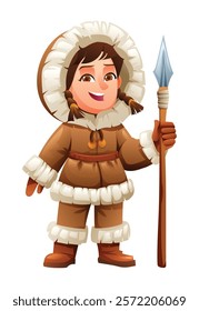 Cute eskimo girl character holding a spear, wearing traditional fur outfit. Vector cartoon illustration