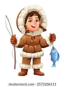 Cute eskimo girl with a fishing rod and fish, wearing traditional fur outfit. Vector cartoon illustration