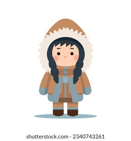 Niña esquimal linda con el tradicional abrigo de piel de nieve. Niña Chukchi de estilo plano aislada de fondo blanco. Material vectorial