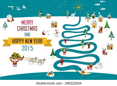 Cute eskimos characters celebrating Christmas and New Year holidays in a snowy landscape with a river in tree form. Christmas card.