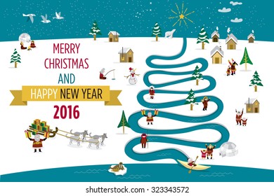 Cute eskimos characters celebrating Christmas and New Year 2016 holidays in little snowy village with a river in tree form.