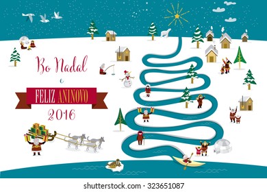 Cute eskimos characters celebrating Christmas and New Year 2016 holidays in little snowy village with a river in tree form. Text in Galician language.