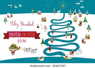 Cute eskimos characters celebrating Christmas and New Year 2016 holidays in little snowy village with a river in tree form. Text in spanish.
