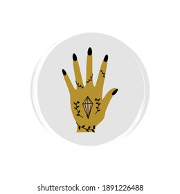 Cute esoteric icon vector with female hand with crystal, gem, stone, illustration on circle with brush texture, for social media story and highlights