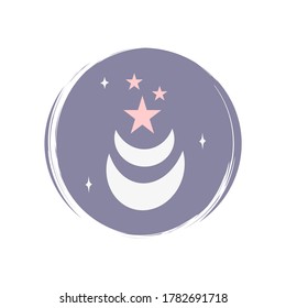 Cute esoteric icon vector with moon and stars, illustration on circle with brush texture, for social media story and instagram highlights