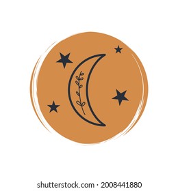 Cute esoteric icon vector with moon and stars, illustration on circle with brush texture, for social media story and highlights	