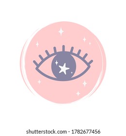 Cute esoteric magic eye with stars icon vector, illustration on circle with brush texture, for social media story and instagram highlights
