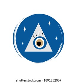Cute esoteric magic greek evil eye icon vectorin a pyramid , illustration on circle with brush texture, for social media story and highlights